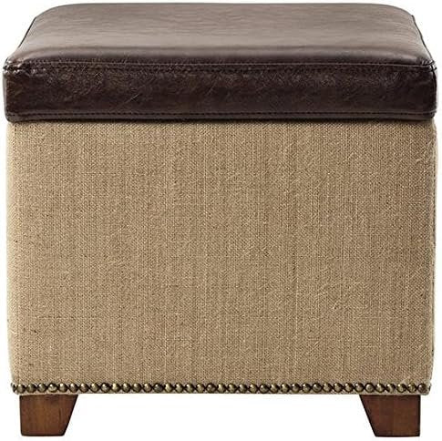 NEW - Ethan Storage Ottoman in Brown Leather with Burlap #1162